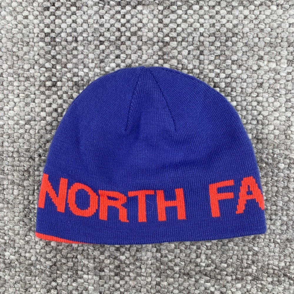 The North Face Beanie Unisex OS Blue Orange Reversible Logo Knit Winter Hat